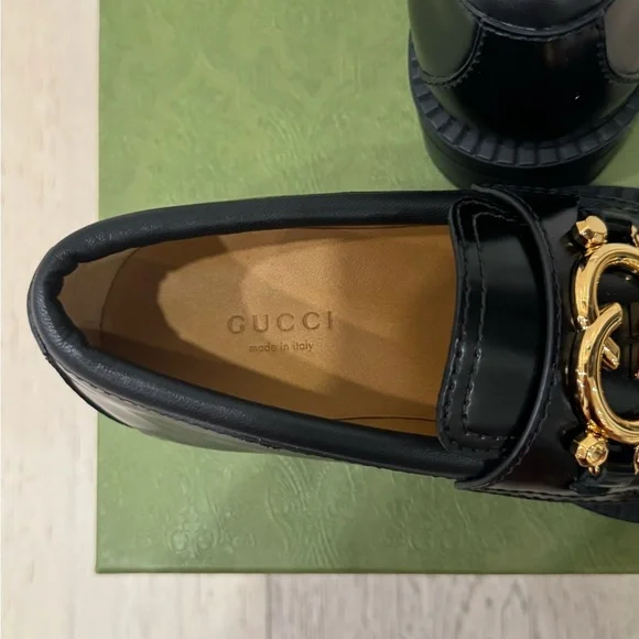 GUCCI Authentic Spice Lux Nappa Black Patent Gold Interlocking G Loafers US 4 34